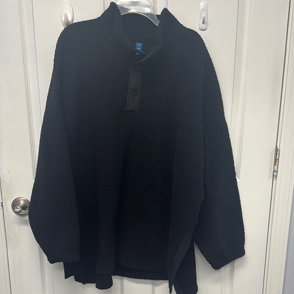 Black Boxy Polo Collar Long Sleeve Fleece Sweatshirt